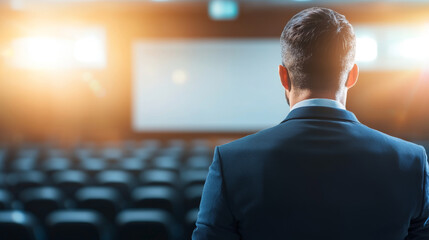 Organizer brainstorming concept. man in suit stands before empty auditorium, preparing to speak