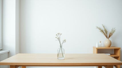 Minimalist wooden table with a vase of delicate white flowers in a bright, airy room.