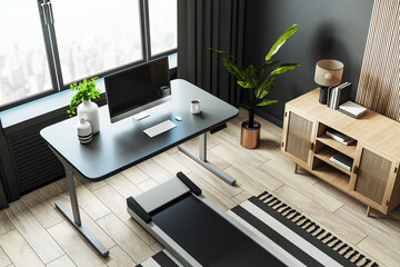 Modern home office with sleek desk, computer setup, treadmill, wooden furniture, and green plants in a bright space with a city view. 3D Rendering