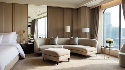 Obraz premium The opulent hotel room featured a contemporary interior design with a roomy arrangement and soft furnishings that gave visitors a homey feeling. Natural light was able to enter through the huge window