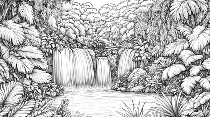 jungle habitat coloring book, Lush Jungle Habitat with Exotic Animals and Waterfalls