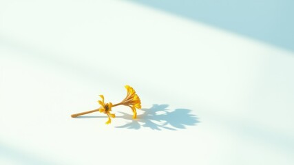 A single yellow flower with a long stem lays on a white surface casting a shadow in the sunlight.