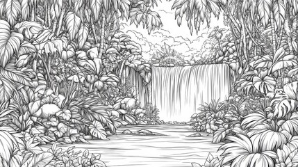 jungle habitat coloring book, Lush Jungle Habitat with Exotic Animals and Waterfall