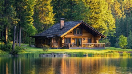 Fototapeta premium Rustic log cabin by a serene lake, nestled in a lush forest. Ideal for projects about nature, tranquility, and peaceful getaways.