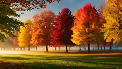 a serene autumn park scene with colorful leaves adorning the trees and gently falling to the ground, forming a vibrant seasonal background.