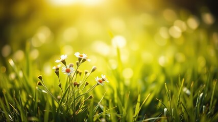 Sunlight Filtering Through a Field of Delicate Wildflowers, Illuminating the Lush Green Grass and Creating a Serene Atmosphere