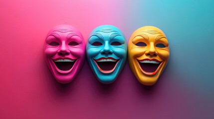 Vibrant and Colorful Emotion Masks Representing Joy and Happiness Over a Stylish Gradient Background