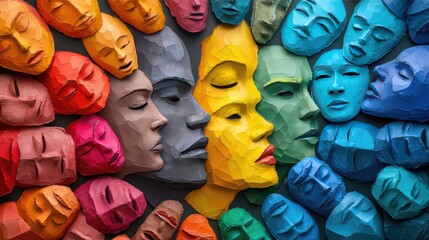 Colorful Abstract Faces in Unique Artistic Arrangement Representing Diversity and Emotions with Geometric Shapes and Vibrant Hues for Contemporary Art Enthusiasts