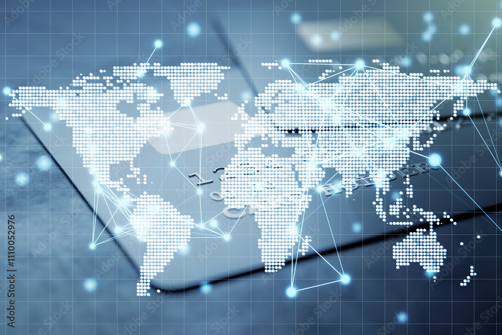 Poster digital map overlay with glowing connections on blurred background.