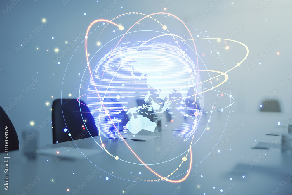 Poster digital globe and light trails over office table background.