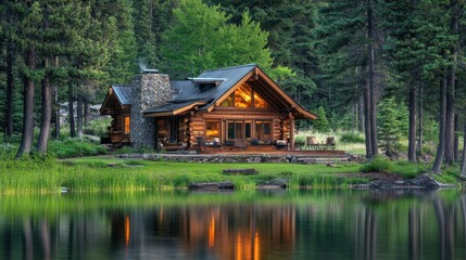 Obraz premium Rustic log cabin by tranquil lake, illuminated at dusk. Perfect for websites, blogs, or travel brochures showcasing peaceful getaways and cozy accommodations.
