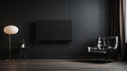 Fototapeta premium Interior of a TV room with a black leather armchair against a blank, dark
