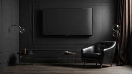  Interior of a TV room with a black leather armchair against a blank, dark