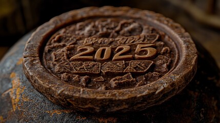 the text "2025", celebrating the New Year, crumbs, solid background, round, cute, 3D rendering, 