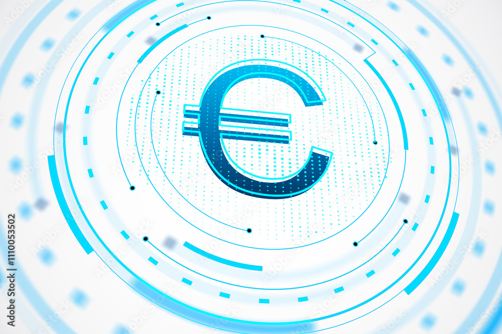 Poster Euro currency symbol in futuristic digital blue design on a white background with circular technology elements. 3D Rendering