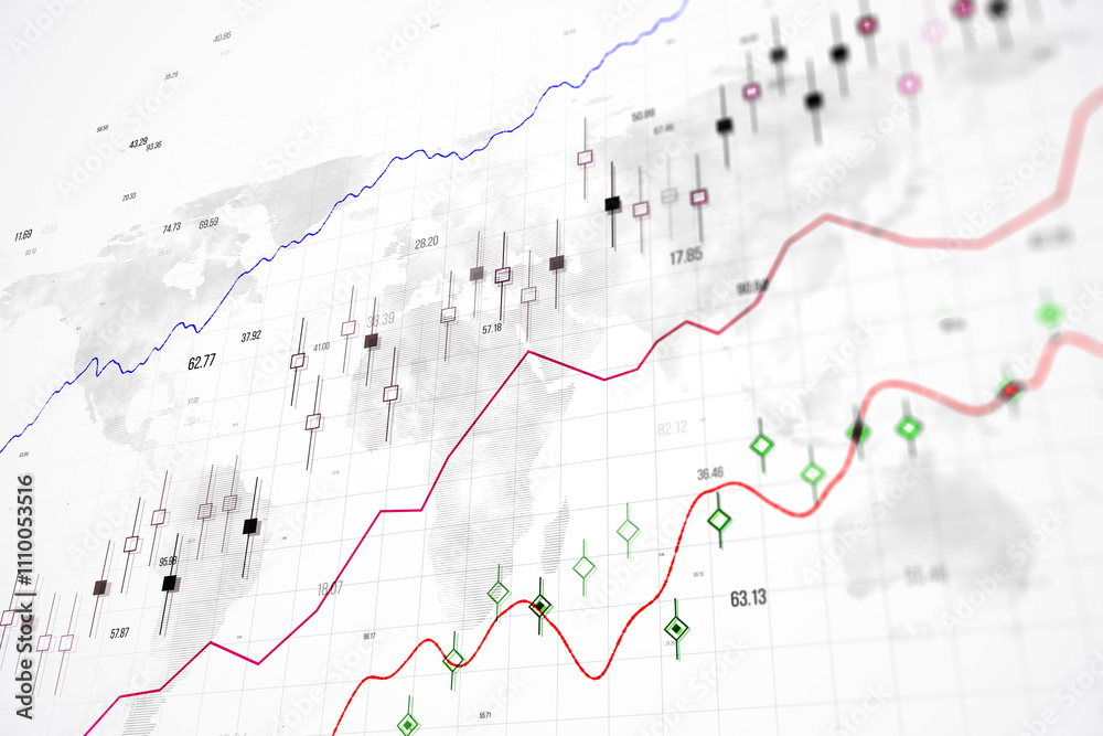 Poster Financial graph with candlestick chart and trend lines on a global map background. 3D Rendering