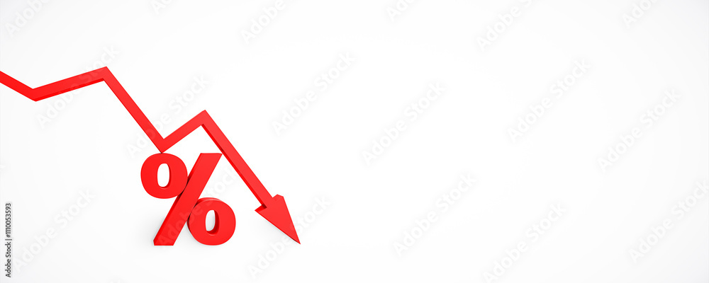 Poster Red percentage symbol with downward arrow and graph line on white background. 3D Rendering