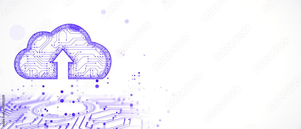 Poster Abstract digital cloud with circuit patterns and upward arrow on white background, symbolizing data storage and technology. 3D Rendering