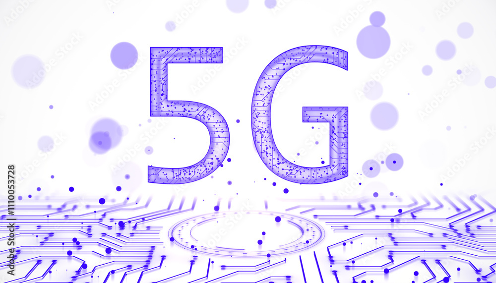 Aufkleber 5G digital concept with circuit board design and floating particles in a purple and white theme. 3D Rendering