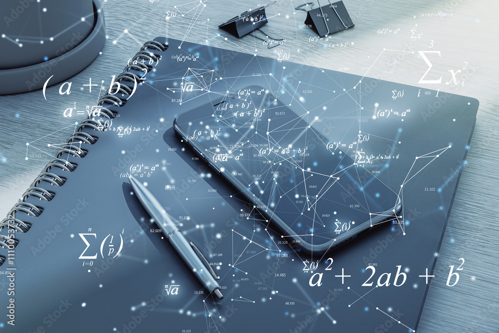 Poster mathematical equations and graphs overlay on office items.