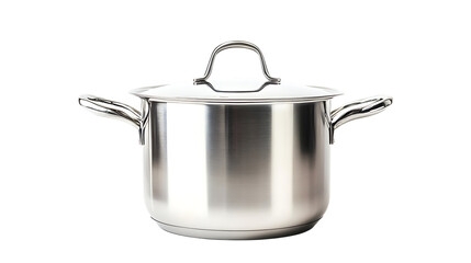 A silver metal pot with a handle and a lid on transparent background.