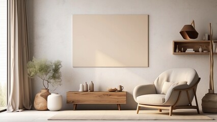 Canvas mockup with rustic décor and an armchair in a minimalist home setting.frontal view. 3D illustration