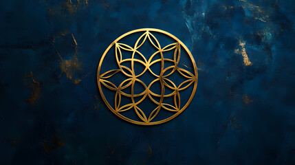 Seed of life sacred geometry symbol, a gold luxury design for meditation, on a dark blue background. Sacred. Illustration