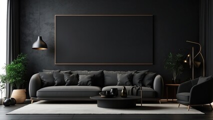 Interior of a house, contemporary dark living room, mockup of a black blank wall, and 3D rende
