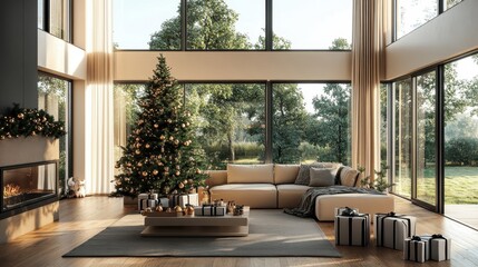 Fototapeta premium Modern Open Plan Living Room Decorated for Holidays