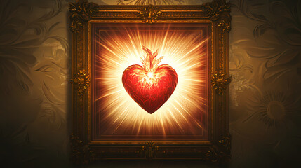 Softly lit, serene background with ornate golden frame, featuring a compassionate, sacred heart emitting radiant white and crimson light. Sacred. Illustration