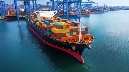 A large cargo ship loaded with colorful containers in a port.