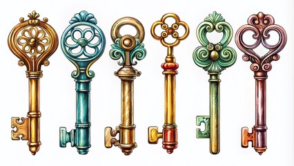Fototapeta premium Antique Keys Sketch Illustration - Vintage Key Set