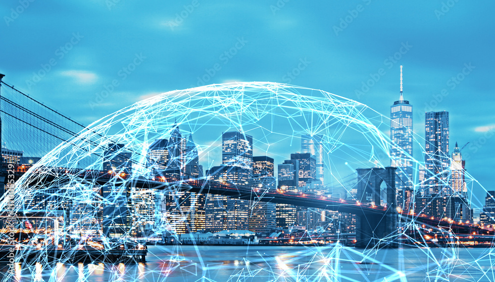 Aufkleber smart city network concept with illuminated skyline and digital connections at night in new york cit