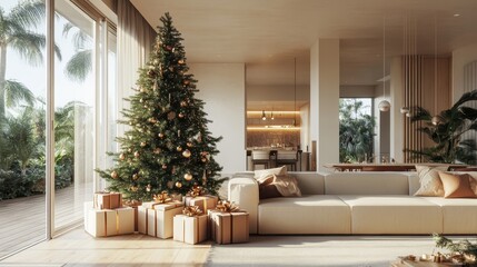 Modern Festive Home with Christmas Tree and Decorations