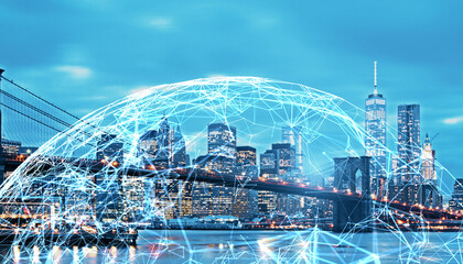 Smart city network concept with illuminated skyline and digital connections at night in New York City, USA.