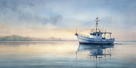 Obraz premium Serene Waters A lone fishing vessel at rest, reflecting on the calm, tranquil surface of the water at dawn