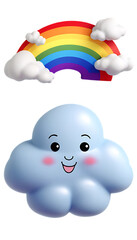 A cute 3D character of a small, fluffy cloud with a smiling face, rosy cheeks, and a soft glow, holding a tiny rainbow, isolated on a transparent background.

