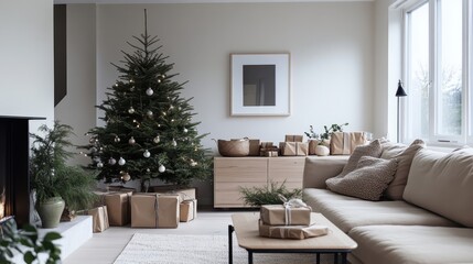 Obraz premium Cozy Minimalist Holiday Home Decor with Christmas Tree