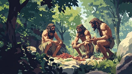 Three Neanderthals Gather Berries In A Lush Forest