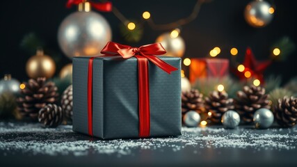 A Wrapped Gift Box with Red Ribbon on a Table with Pine Cones and Christmas Decorations in the Background