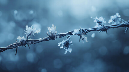 Obraz premium Abstract barbed wire transforming into flowers, soft focus, dreamy lighting, fine art photography 