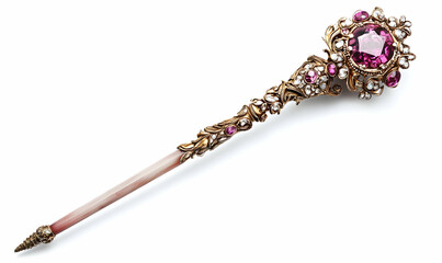 A decorative vintage pen with ornate design and gemstones, used for writing.