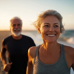 Middle aged Caucasian ouple during jogging workout on the beach. Jogging workout