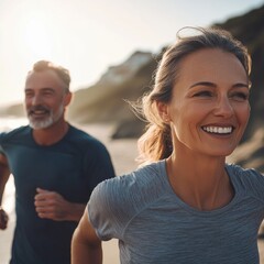 Middle aged Caucasian ouple during jogging workout on the beach. Jogging workout