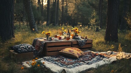 Rustic picnic scene in a sun-dappled forest with sunflowers, blankets, and a wooden crate table.