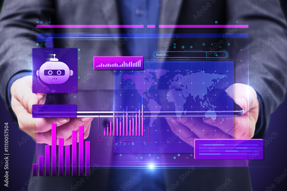Poster digital financial interface showcasing graphs, charts, and ai bot over a virtual screen held by a pe
