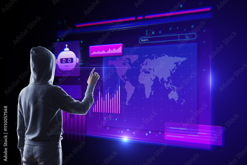 Poster Person in hoodie interacting with futuristic digital interface displaying charts, map, and bot image on neon blue background.