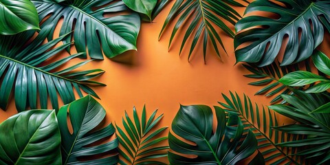 Lush Tropical Foliage Arranged on a Warm Orange Background, Creating a Vibrant and Eye-Catching Design