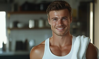 Fototapeta premium smiling muscular man in white tank top with towel over shoulder standing at kitchen