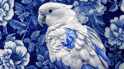 Elegant White Parrot Against Blue Floral Background
